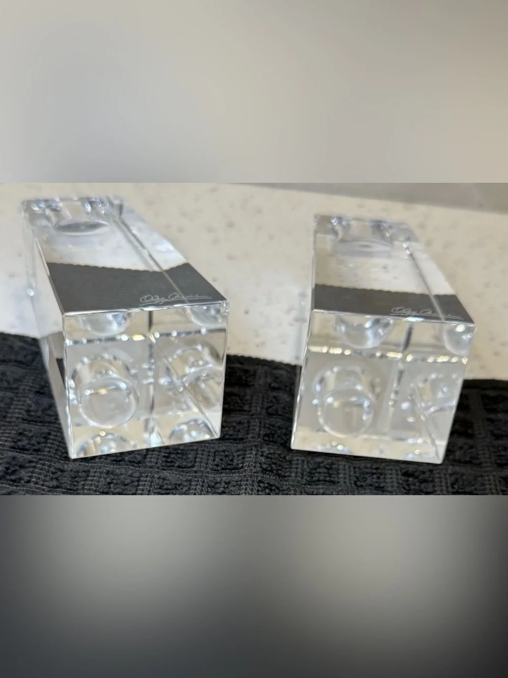 Oleg Cassini Signed Clear Crystal Candlestick Holders Pair 4